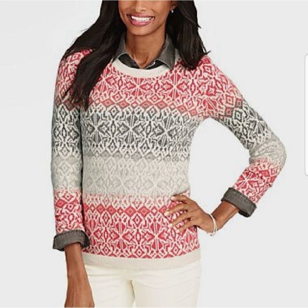 Talbots size Medium Fair Isle Lambswool Blend Knit Sweater Grey Coral Ombre